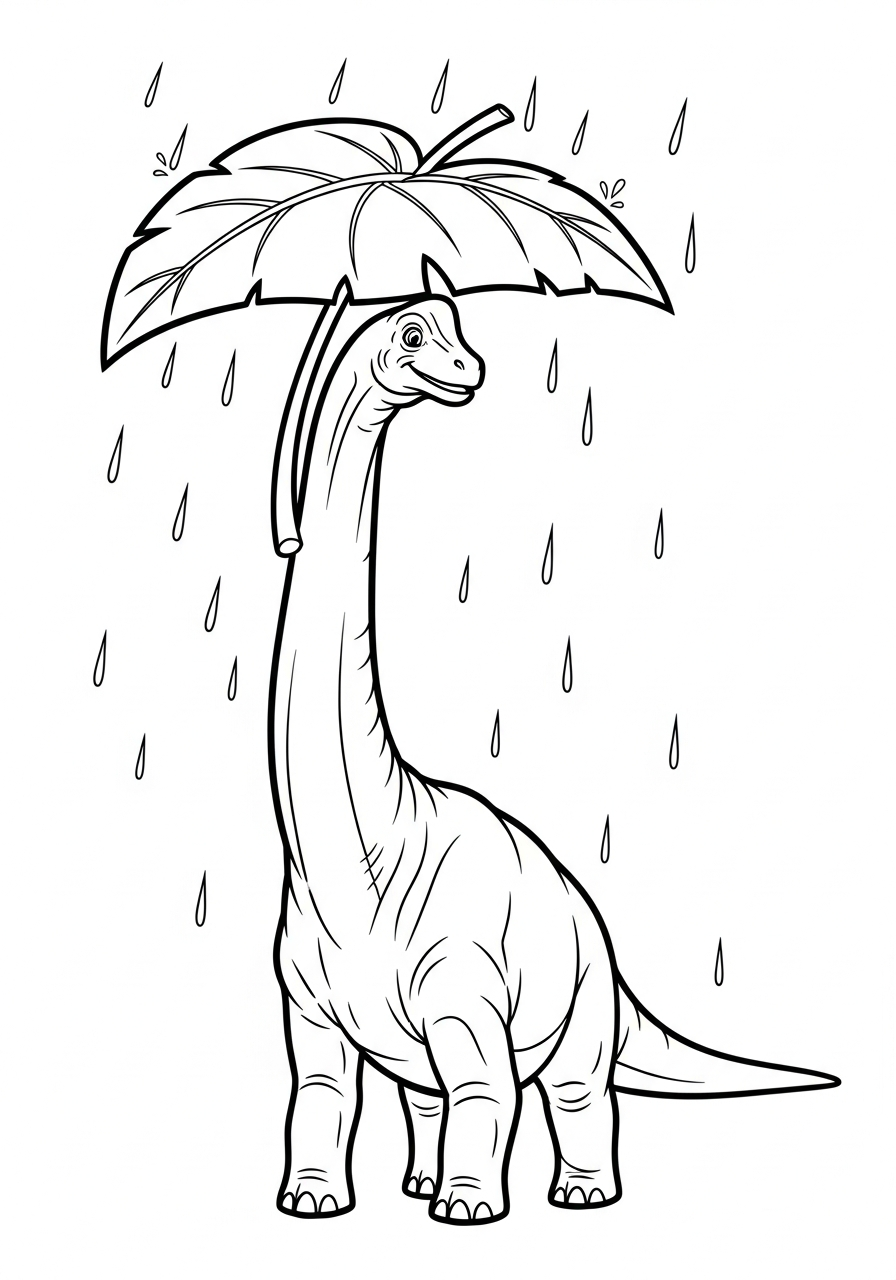 Brachiosaurus Coloring Pages 9 Brachiosaurus holding leaf umbrella in rain coloring page
