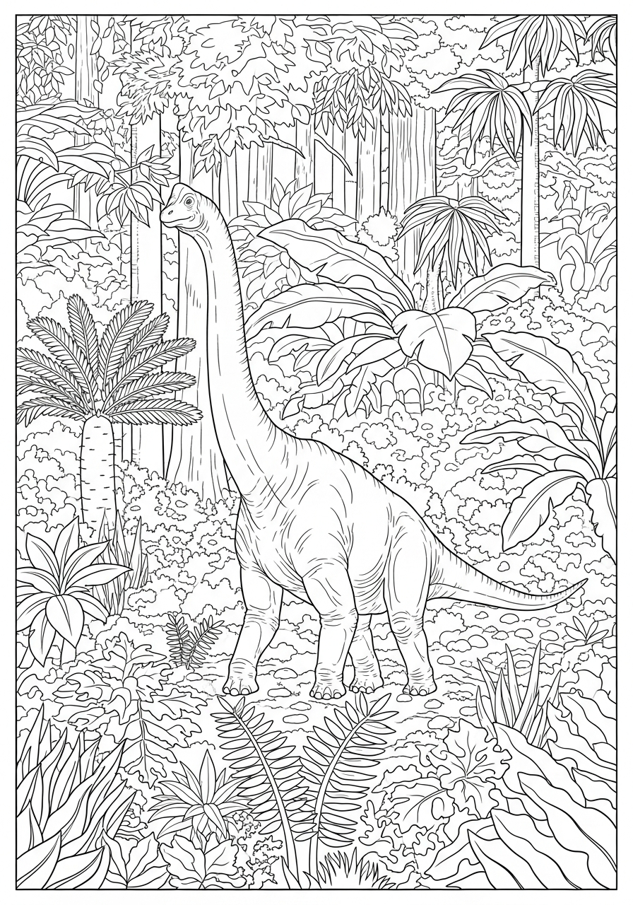 Brachiosaurus Coloring Pages 12 Brachiosaurus walking in thick prehistoric jungle coloring page