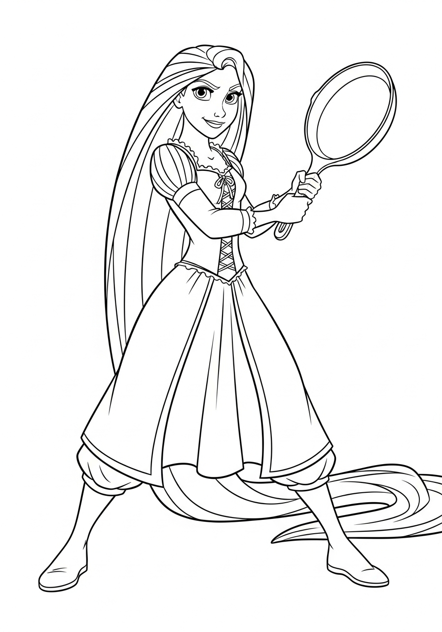 Brave Rapunzel holding frying pan coloring page