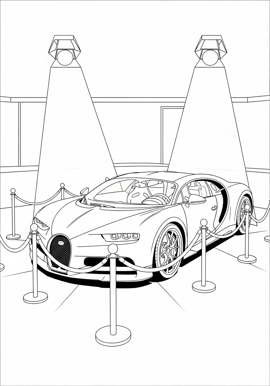 Bugatti display in luxury showroom coloring page