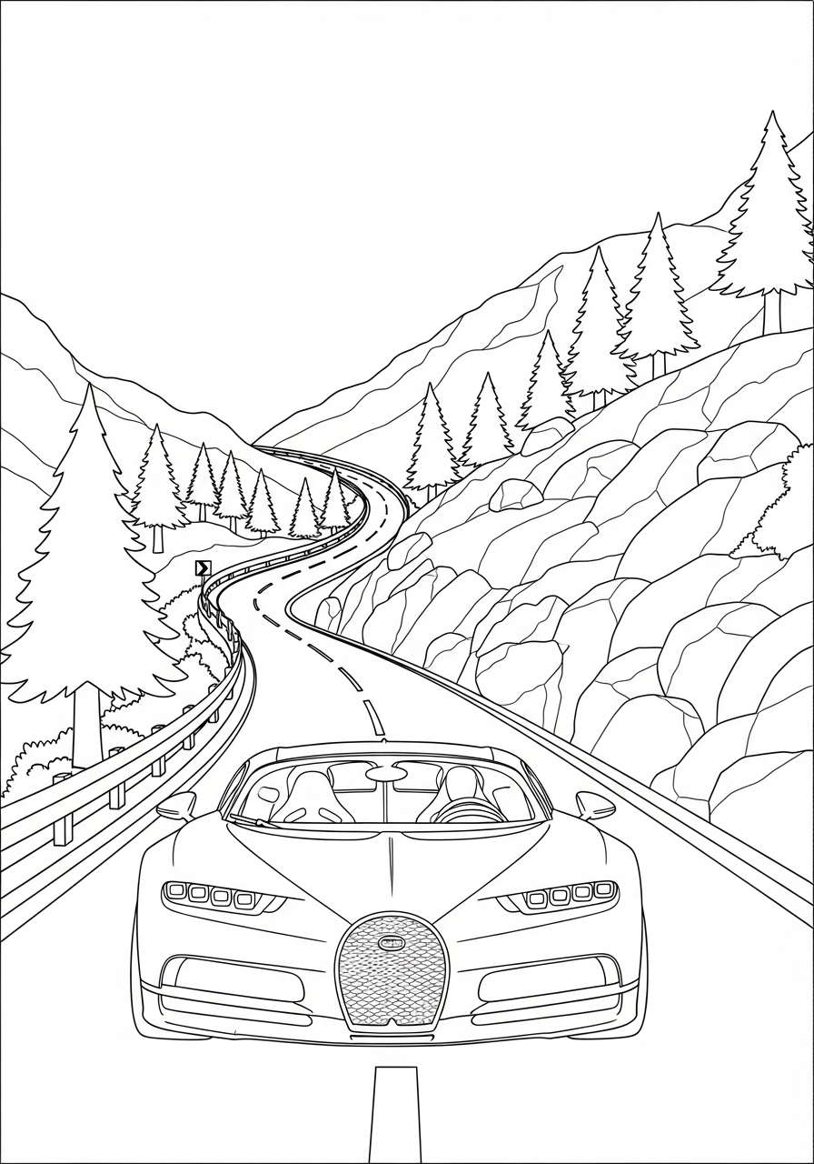 Bugatti driving on mountain road coloring page