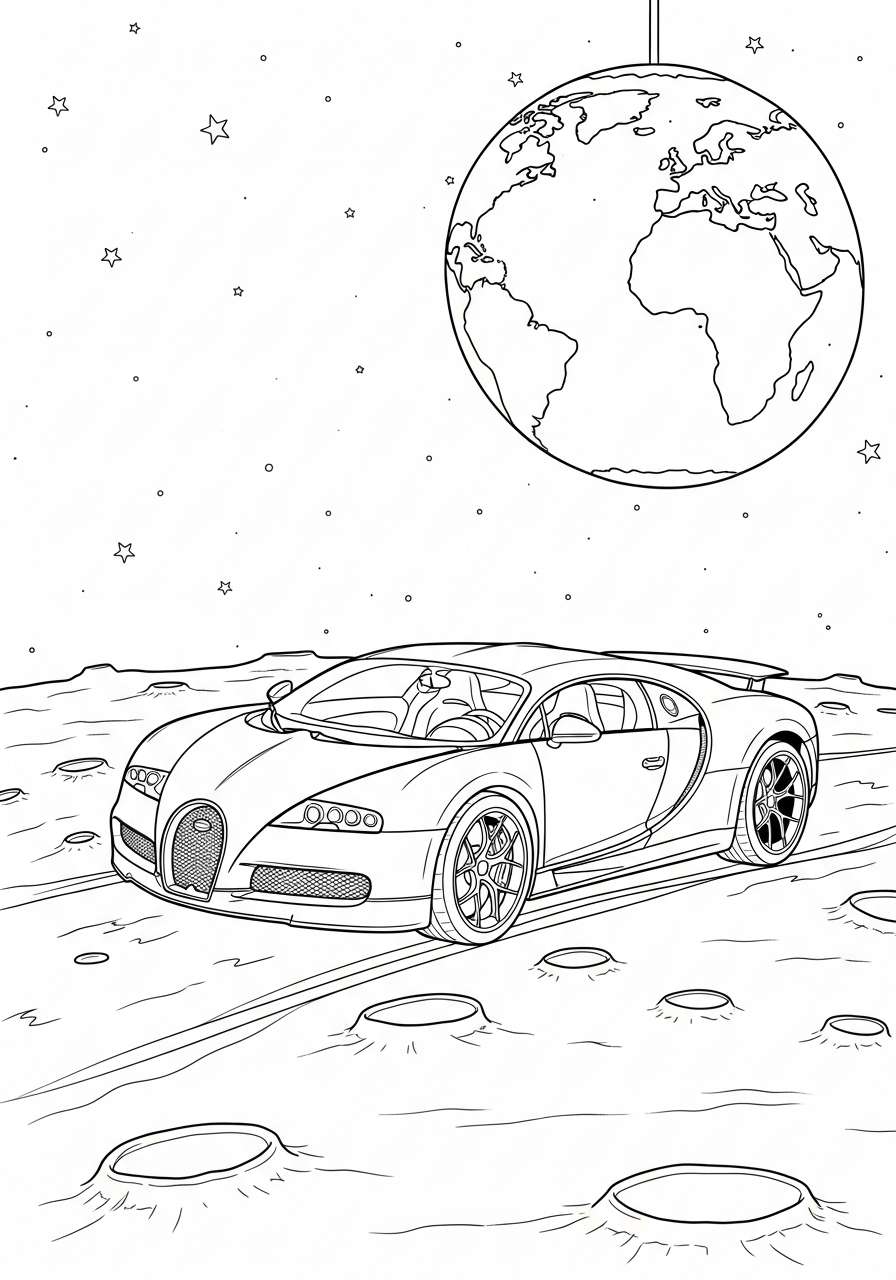 Bugatti driving on the moon coloring page