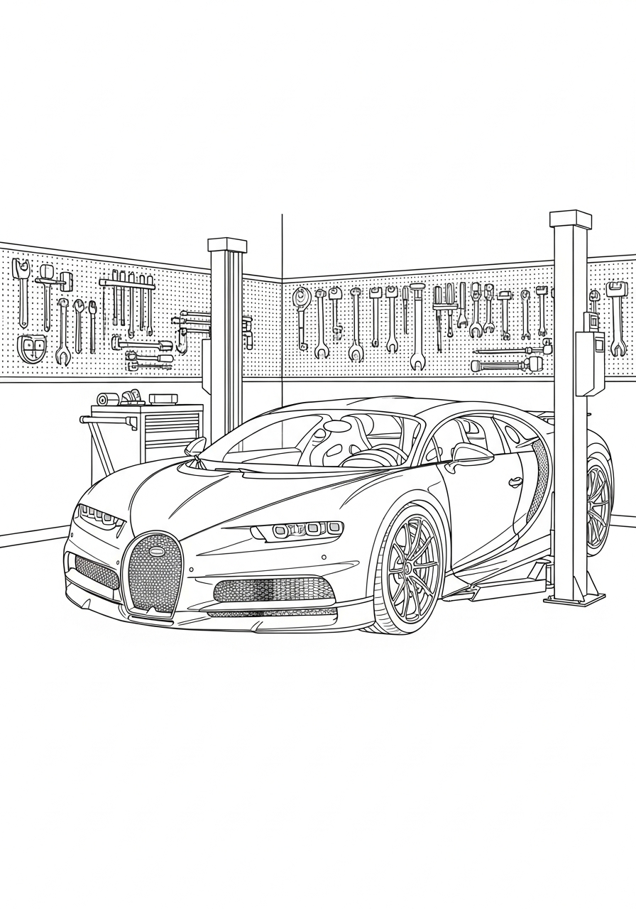 Bugatti inside garage with tools coloring page