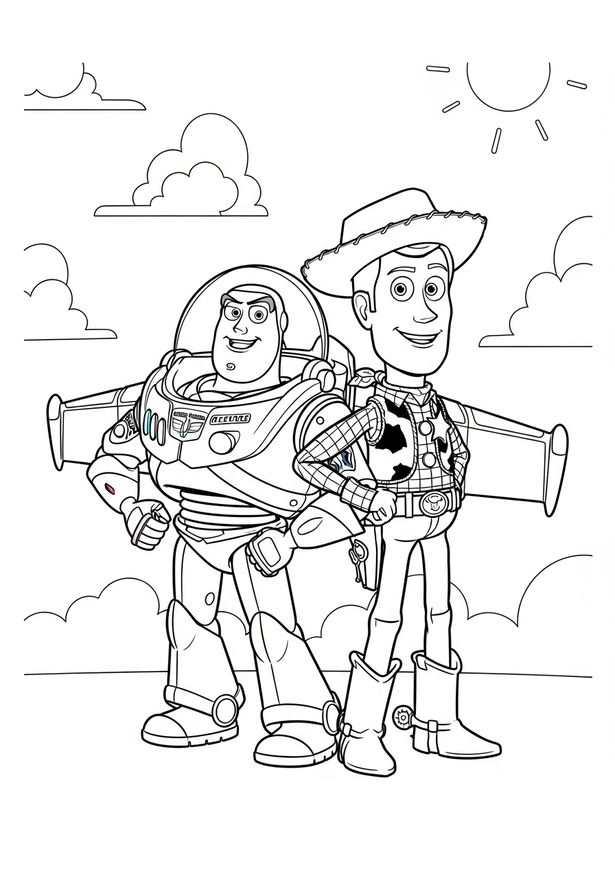 Buzz Lightyear Coloring Pages 6 Buzz Lightyear and Woody back-to-back coloring page