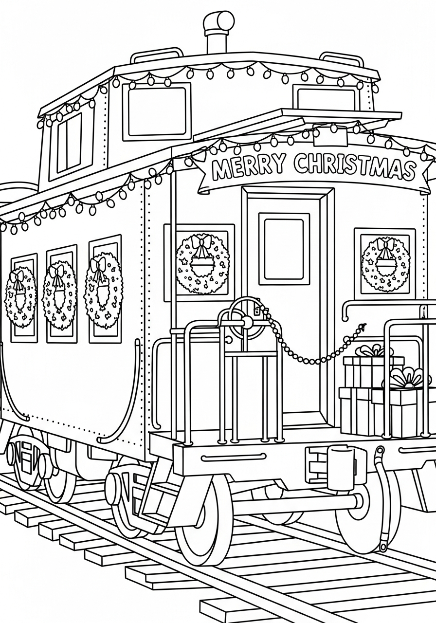 Christmas Train Coloring Pages 2 Caboose with Merry Christmas banner coloring page
