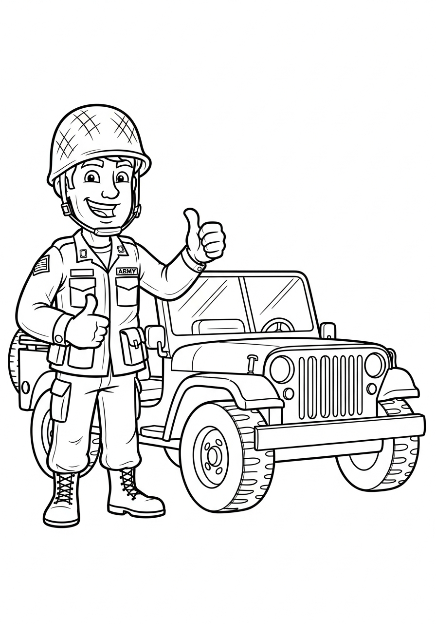 Veterans Day Coloring Pages 3 Cartoon Army soldier by jeep coloring page