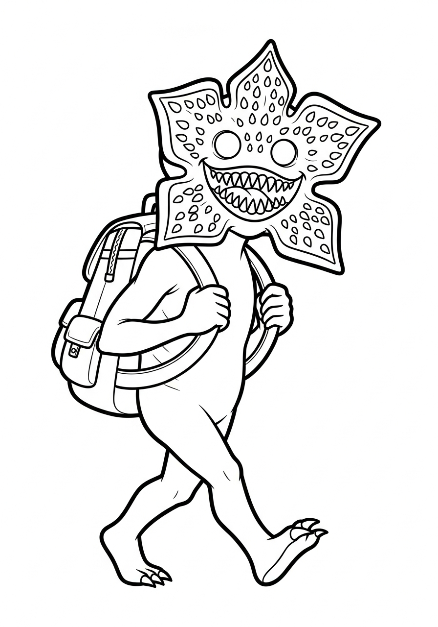 Cartoon Demogorgon walking to school coloring page