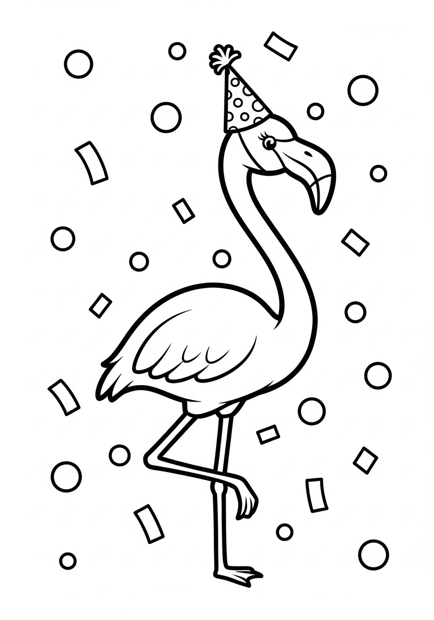 Cartoon flamingo party with confetti coloring page