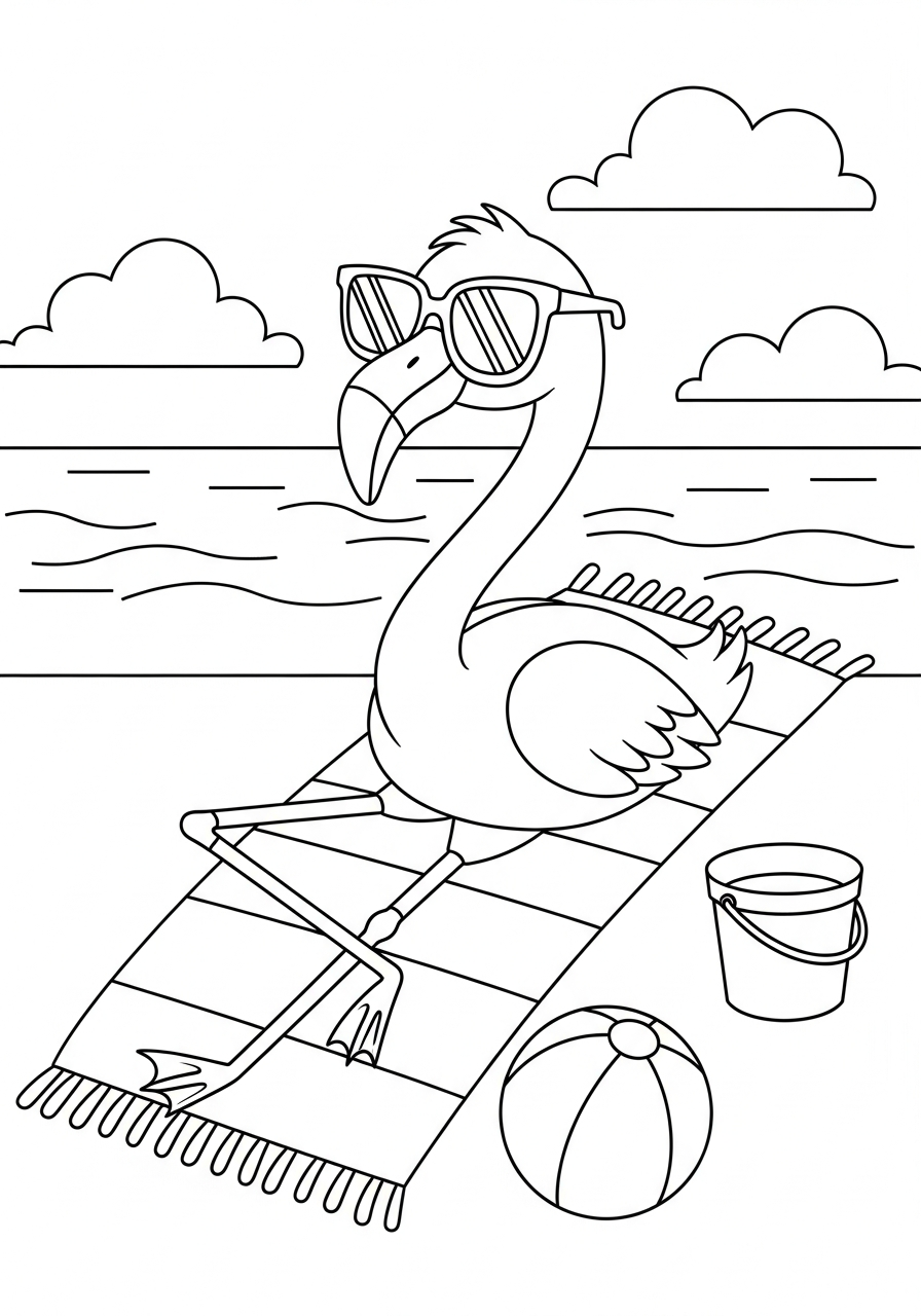 Cartoon flamingo with sunglasses relaxing coloring page