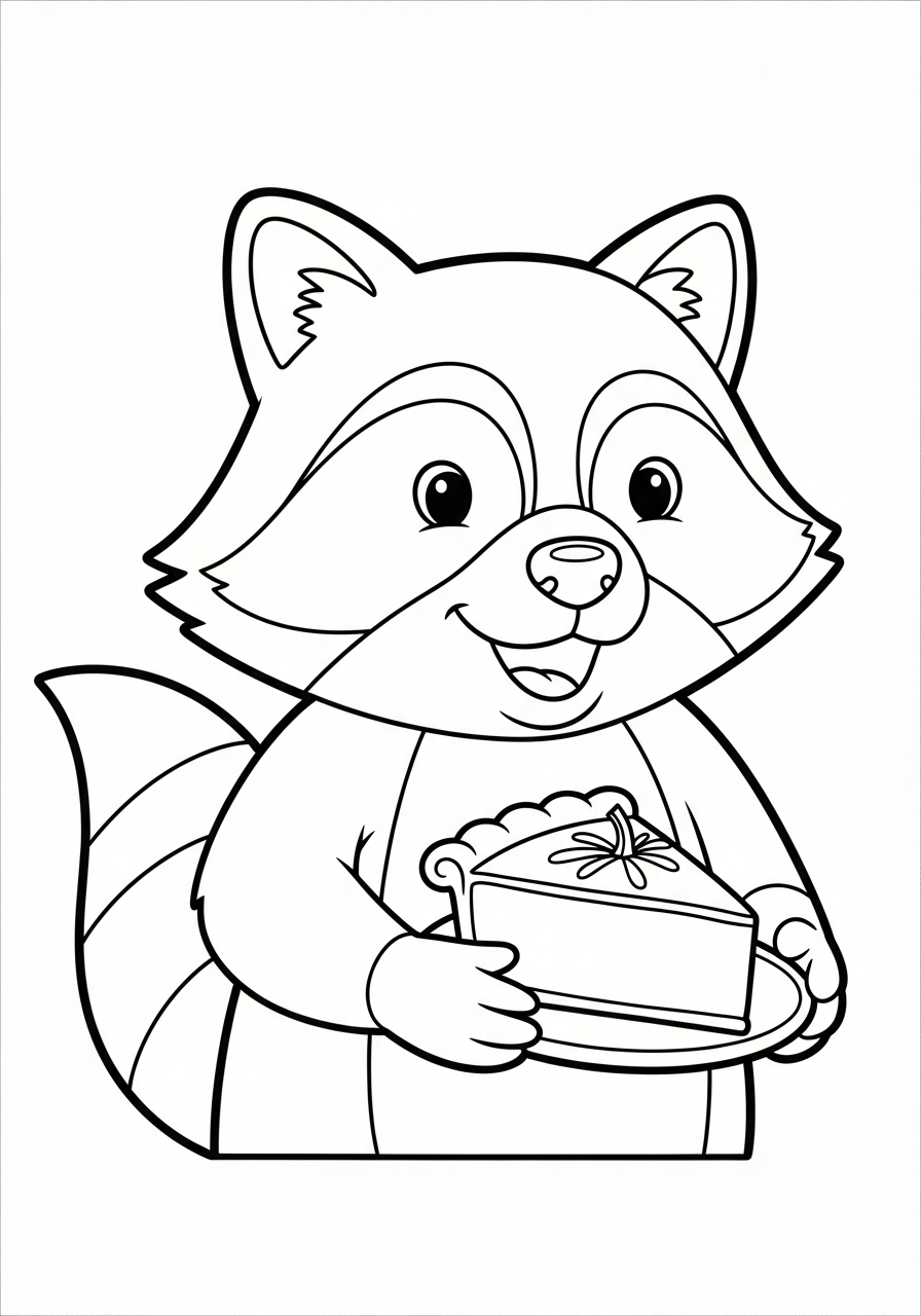 Thanksgiving Coloring Pages 3 Cartoon raccoon holding pumpkin pie slice coloring page