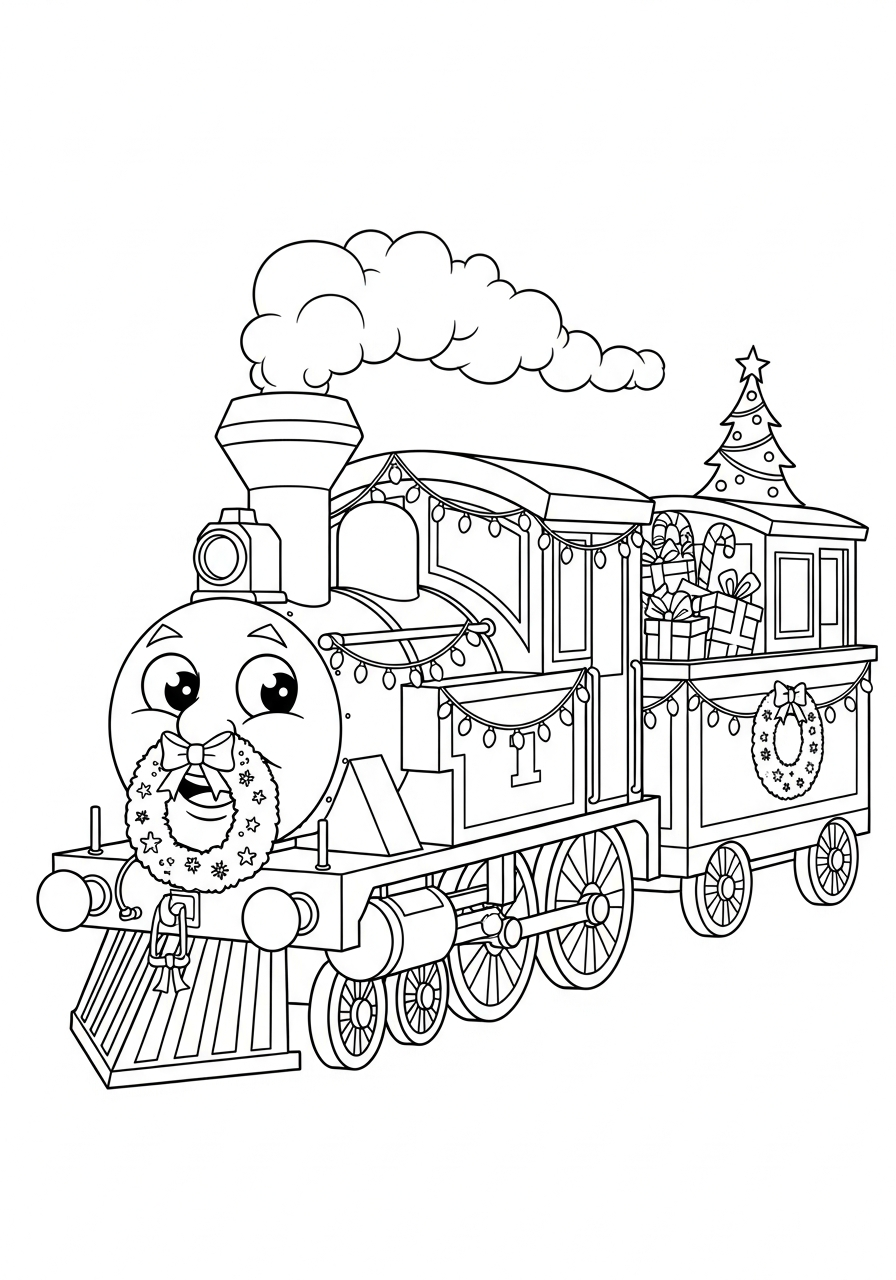Christmas Train Coloring Pages 3 Cartoon train with happy face coloring page