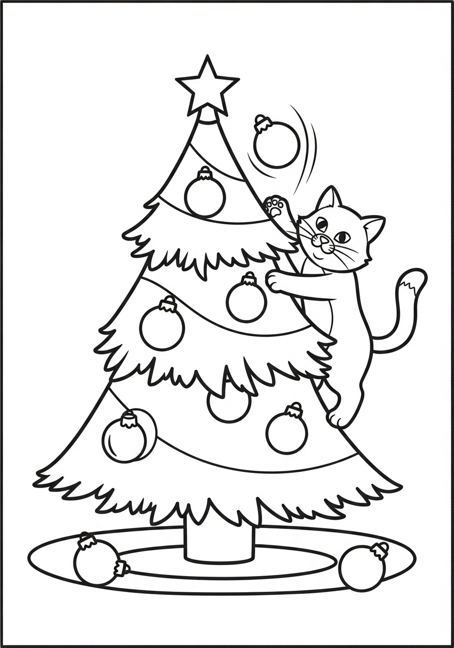 Christmas Tree Coloring Pages 3 Cat climbing and shaking Christmas tree coloring page