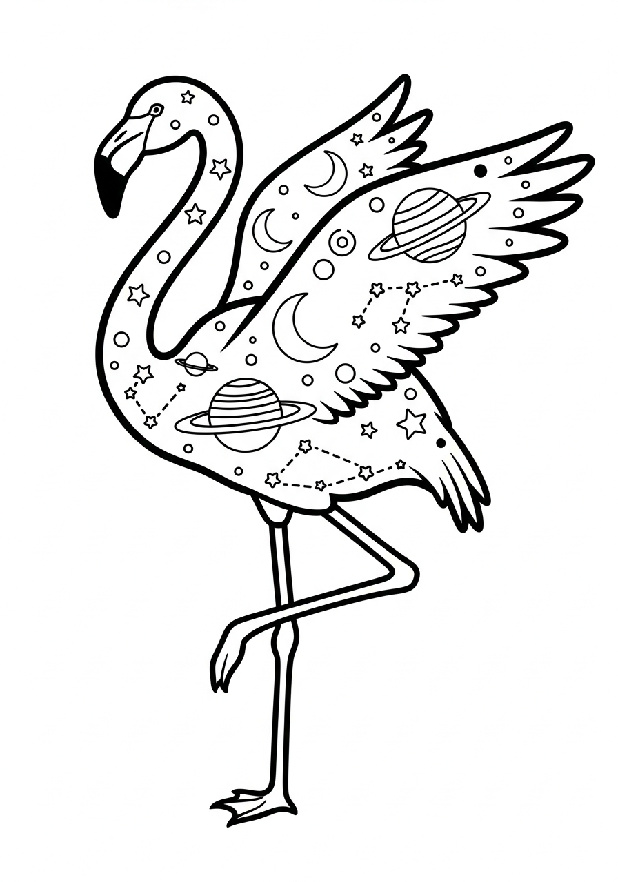 Celestial flamingo with stars and planets coloring page