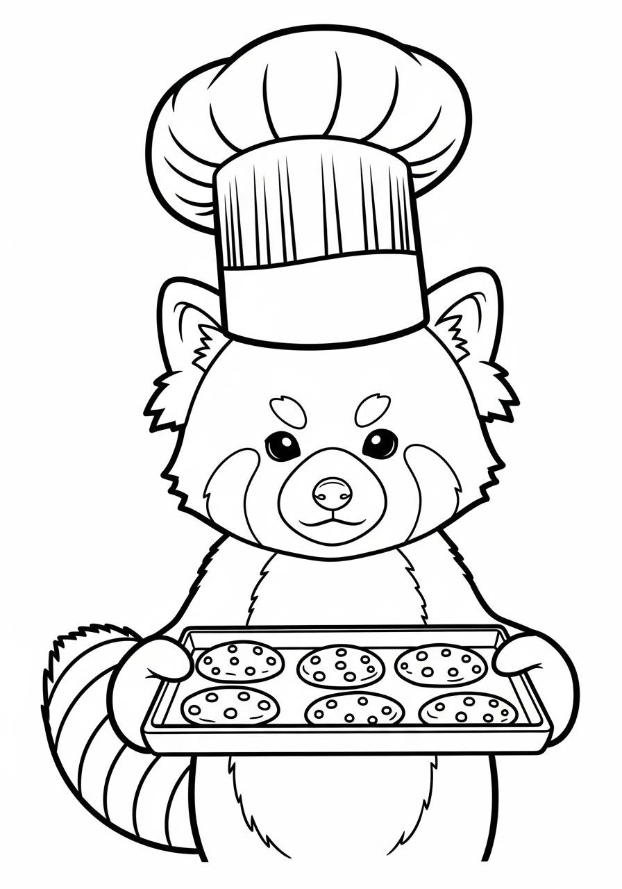 Chef red panda holding cookies coloring page