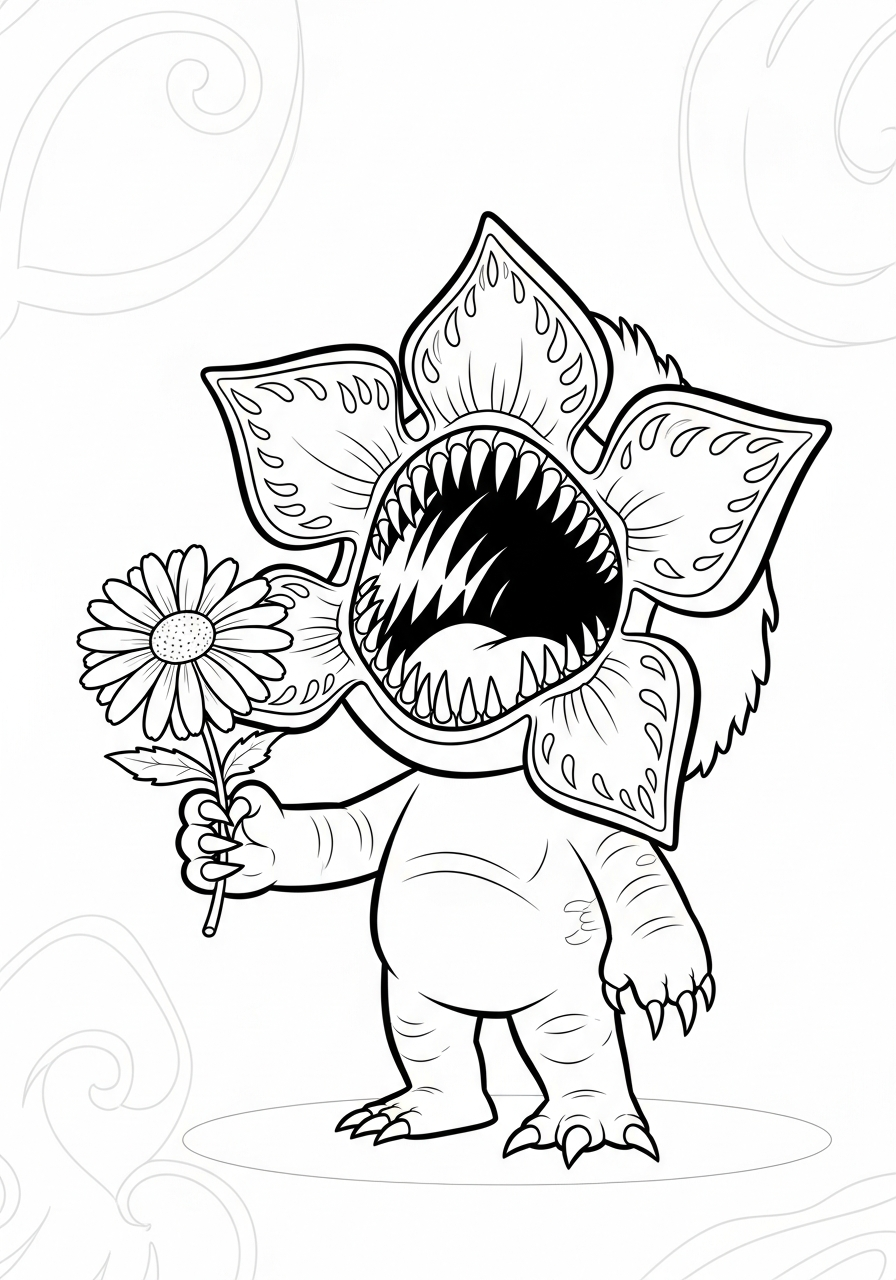 Chibi Demogorgon holding a flower coloring page