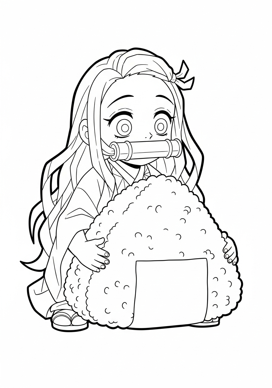 Nezuko Coloring Pages 4 Chibi Nezuko holding giant onigiri coloring page