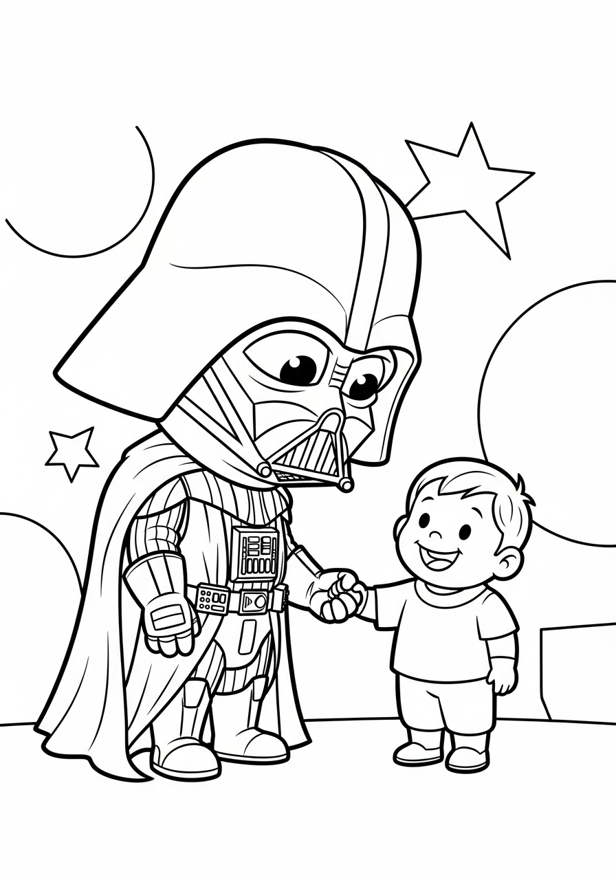 Chibi Vader holding a child’s hand coloring page