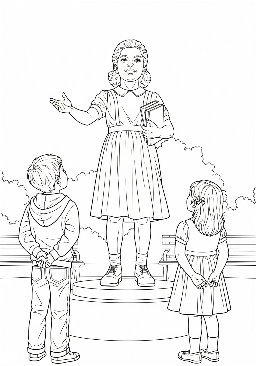 Children admiring Ruby Bridges statue coloring page