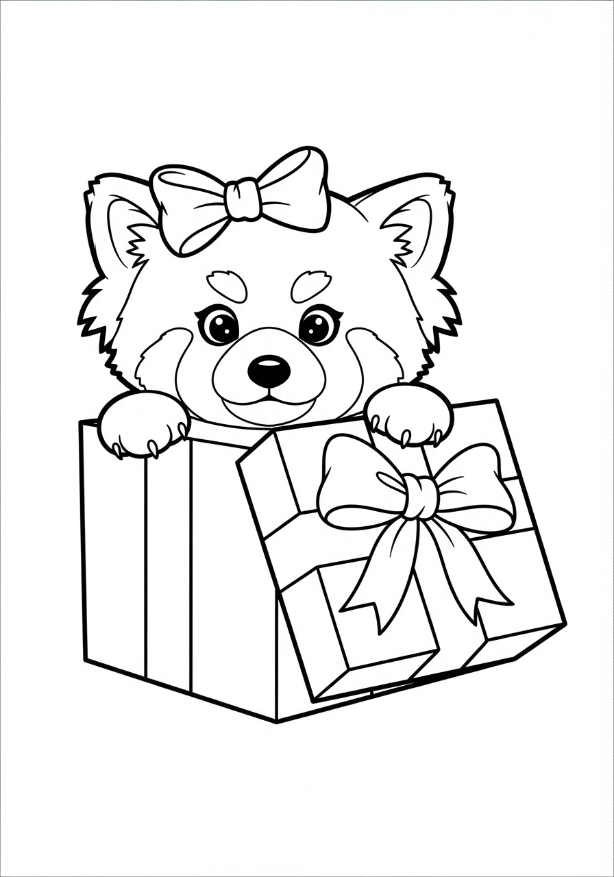 Christmas red panda inside box coloring page