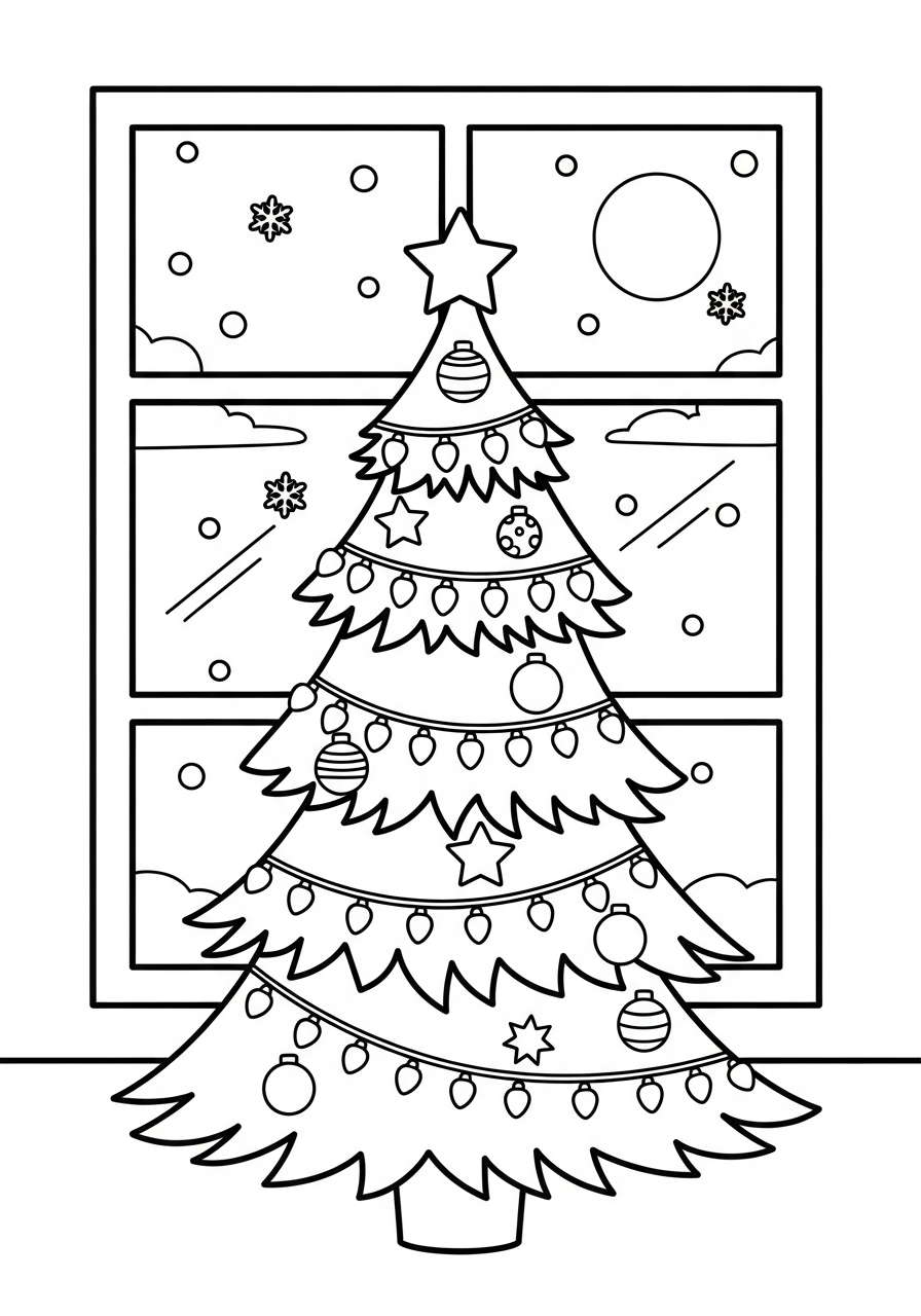 Christmas Tree Coloring Pages 5 Christmas tree by window with snow coloring page