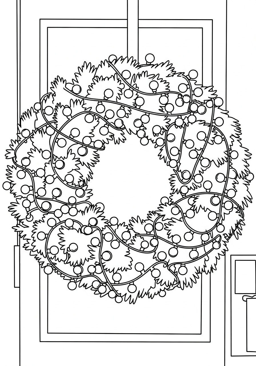 Christmas Light Coloring Pages 3 Christmas wreath wrapped in lights coloring page