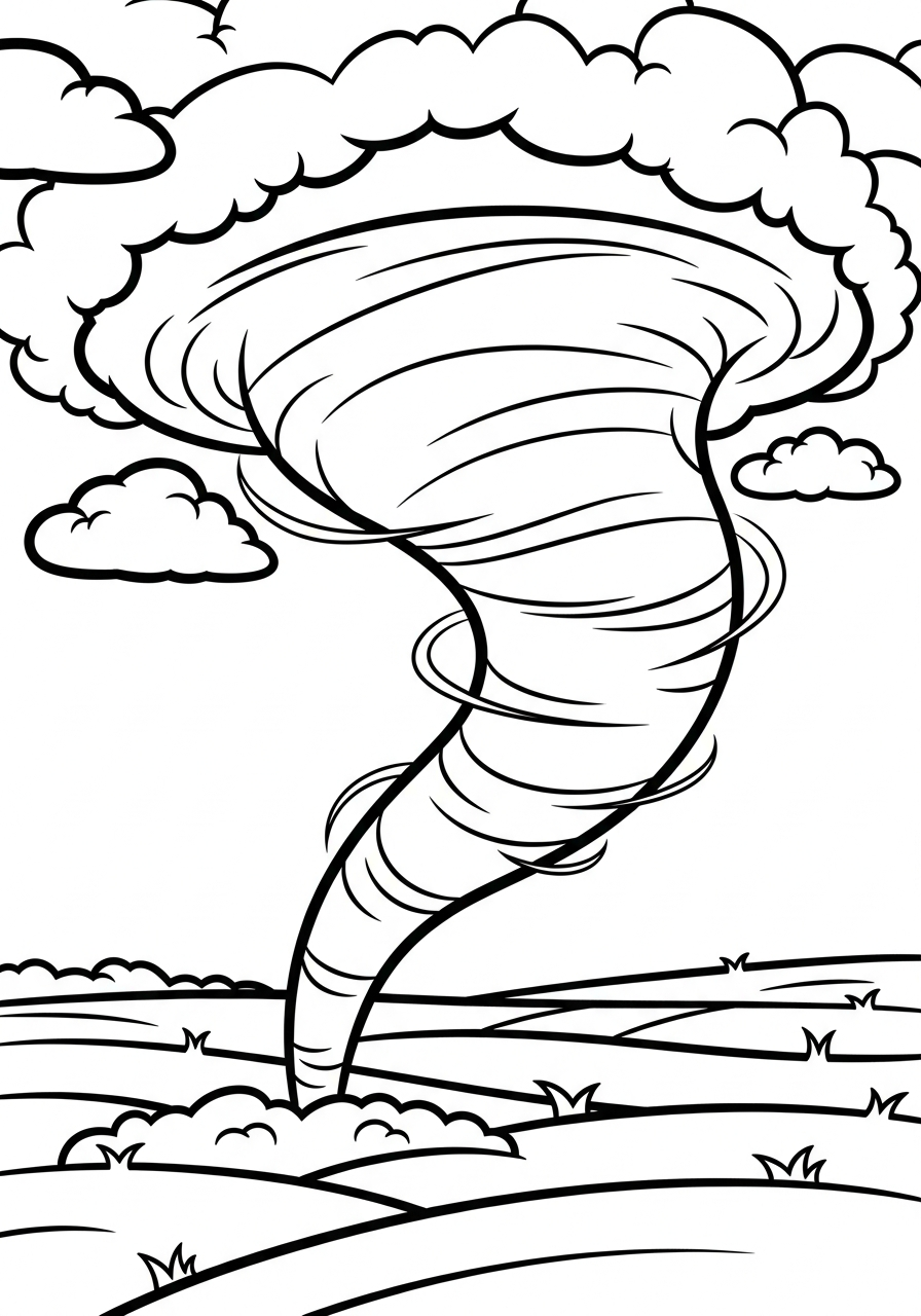 Classic cartoon tornado on grassy field coloring page