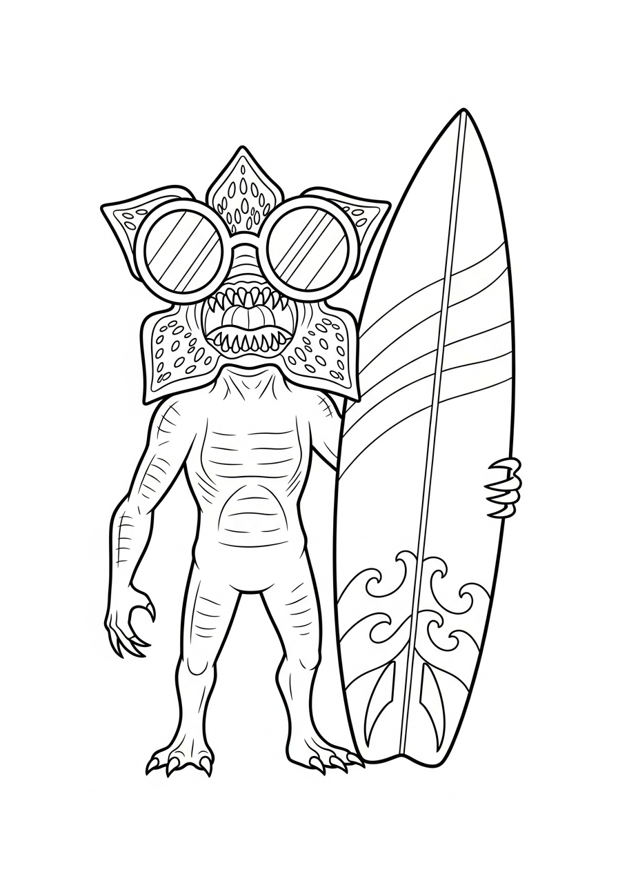 Cool Demogorgon with sunglasses surfboard coloring page
