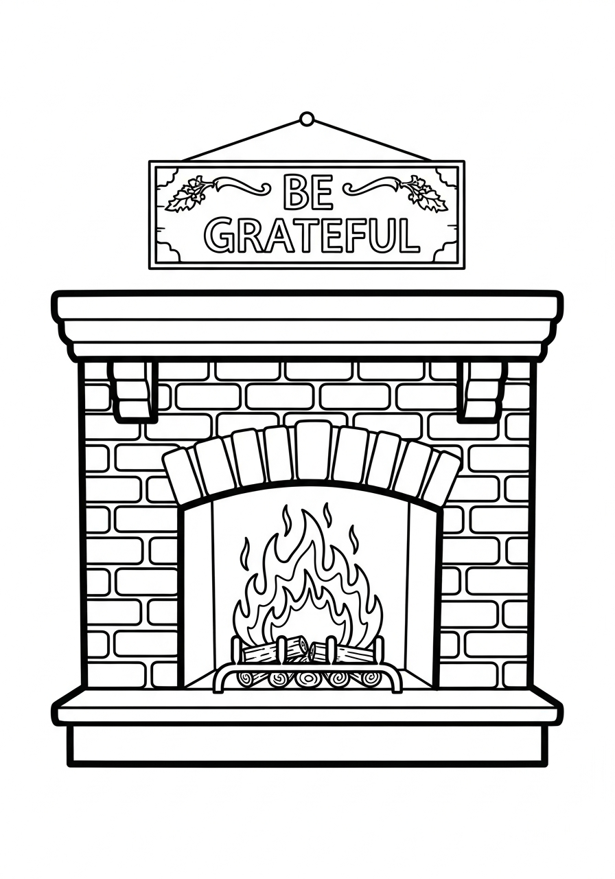 Thanksgiving Coloring Pages 5 Cozy fireplace with Be Grateful sign coloring page