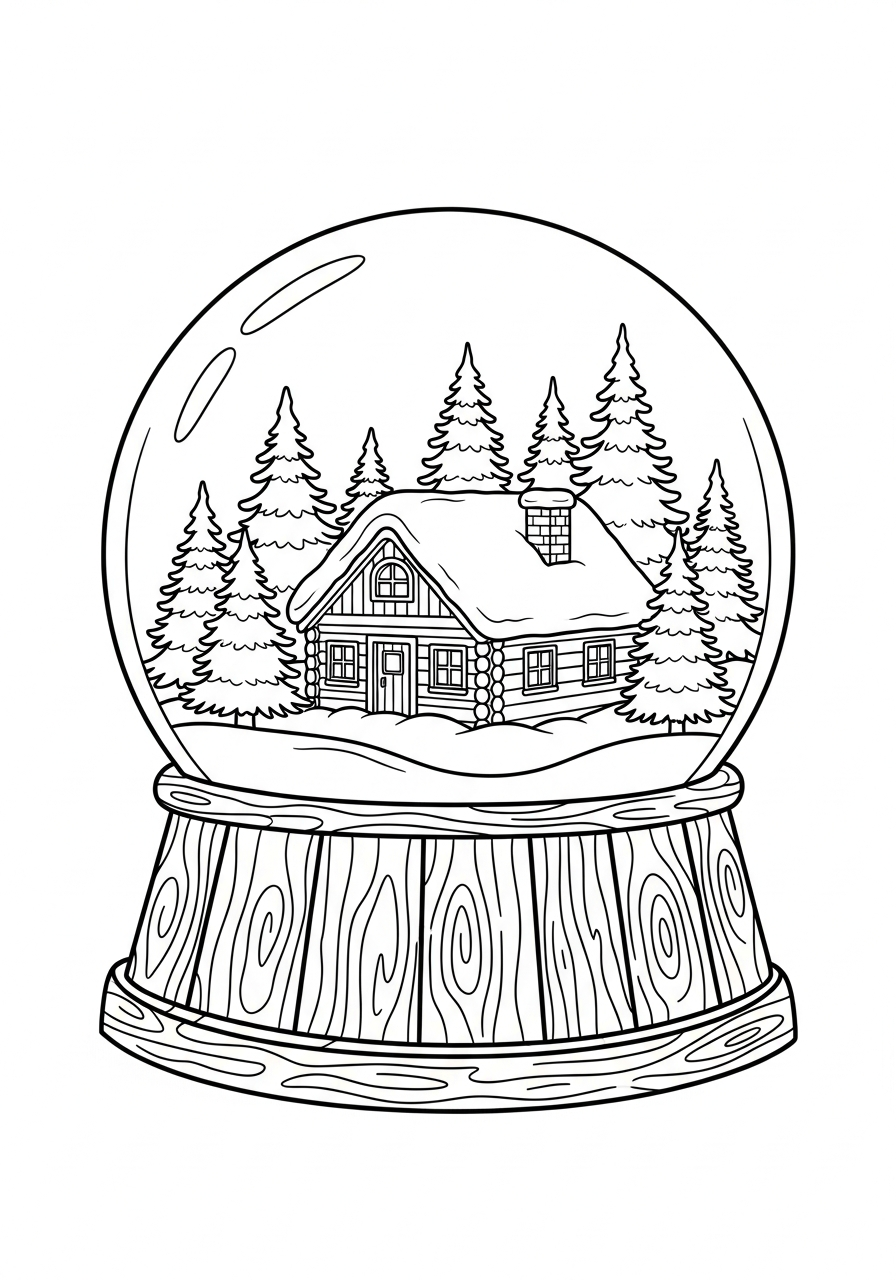 Cozy log cabin snow globe coloring page