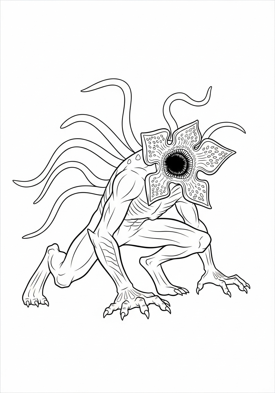 Crouching Demogorgon monster hunting pose coloring page