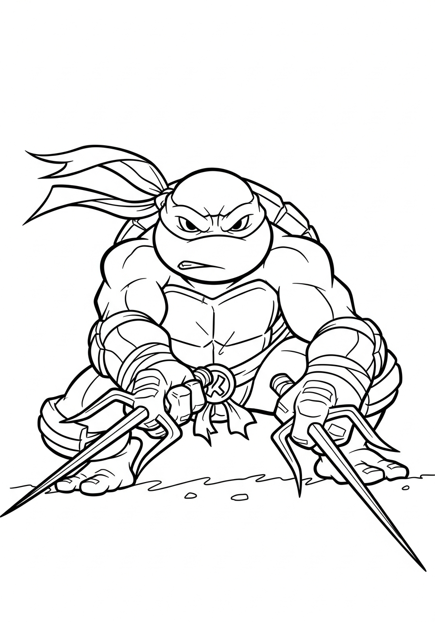 Ninja Turtle Coloring Pages 7 Crouching Raphael with sais coloring page