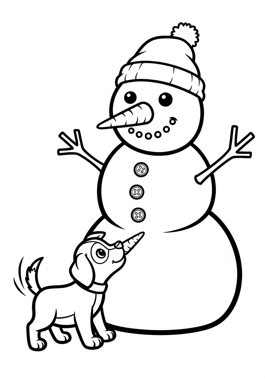 Snowman Coloring Pages 4 Curious puppy sniffing snowman’s nose coloring page