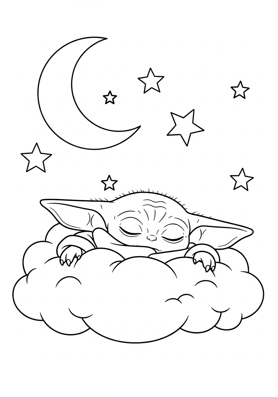 Baby Yoda Coloring Pages 28 Cute Baby Yoda sleeping on cloud coloring page