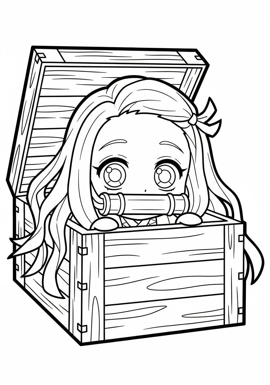 Nezuko Coloring Pages 7 Cute Nezuko peeking from box coloring page