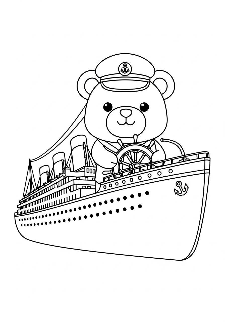 Cute bear captain steering Titanic coloring page