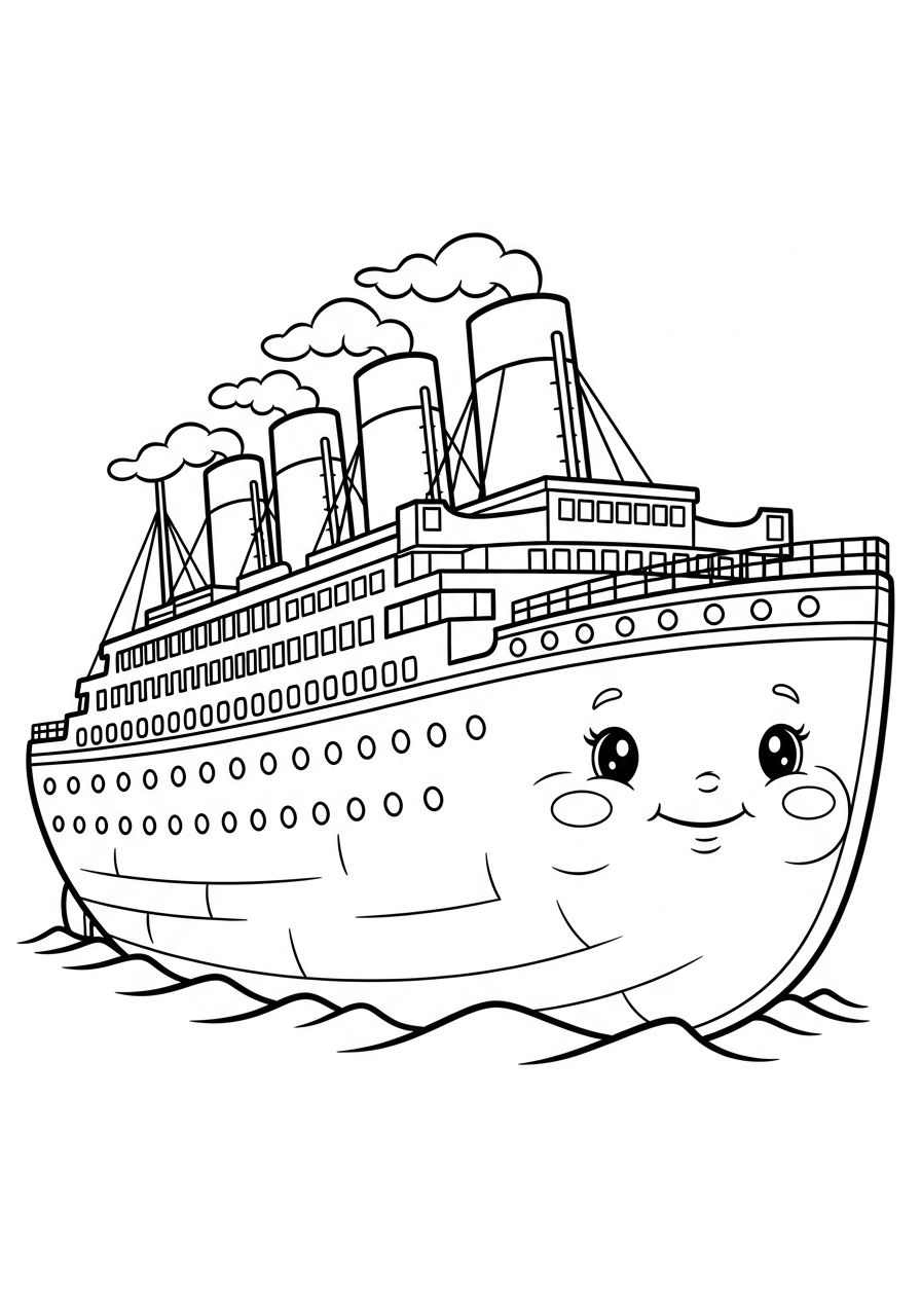 Cute cartoon Titanic ship smiling coloring page
