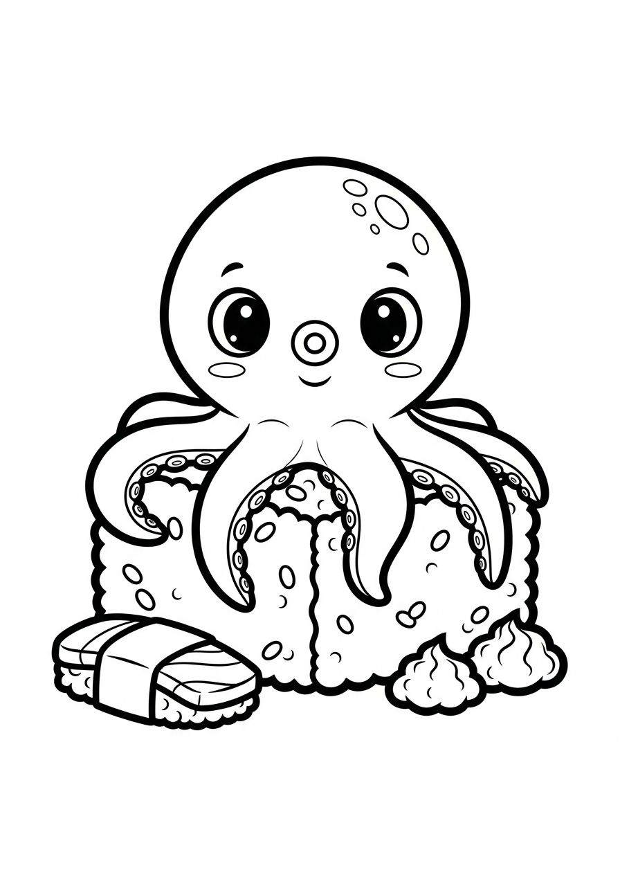 Cute cartoon octopus on rice coloring page