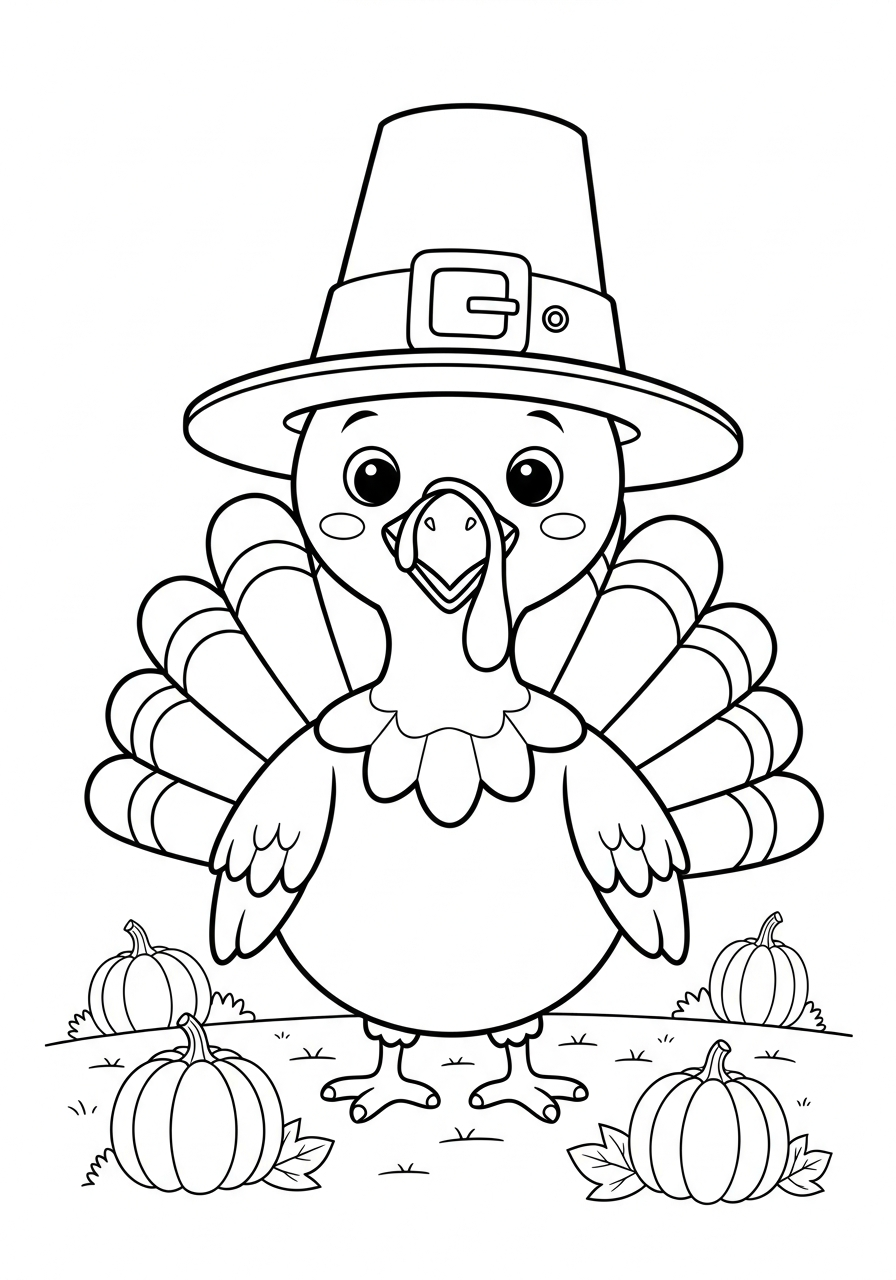 Thanksgiving Coloring Pages 6 Cute cartoon turkey wearing pilgrim hat coloring page