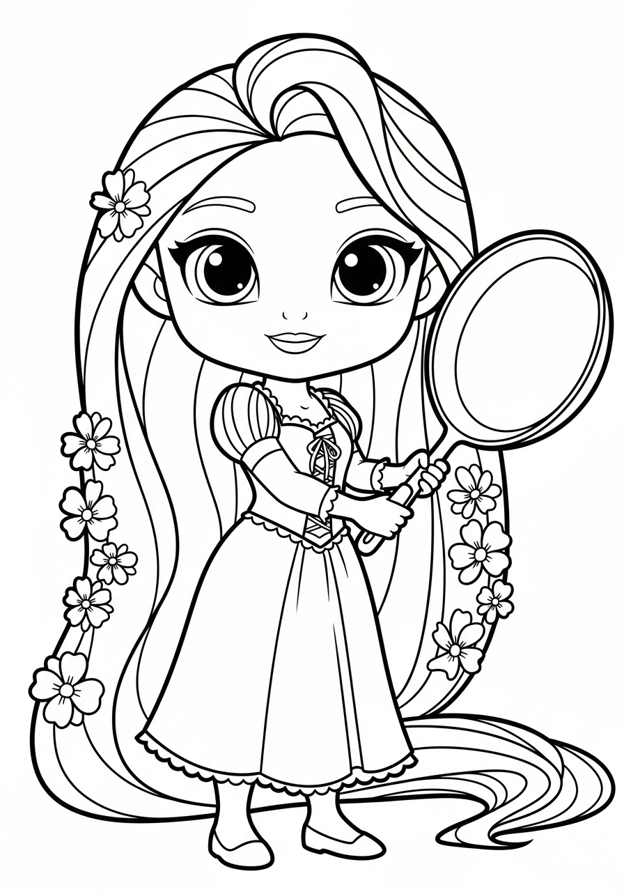 Cute chibi Rapunzel with pan coloring page