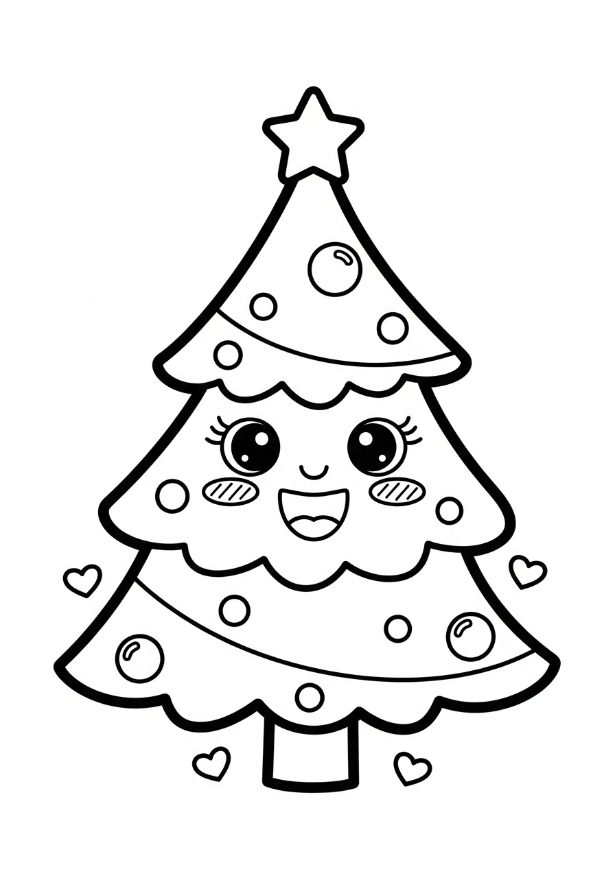 Christmas Tree Coloring Pages 9 Cute kawaii tree with smiling face coloring page