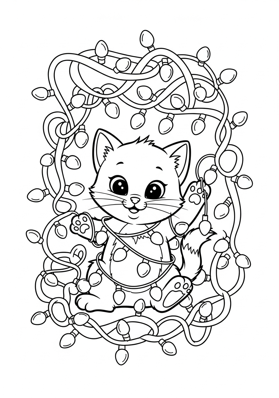 Christmas Light Coloring Pages 5 Cute kitten tangled in lights coloring page