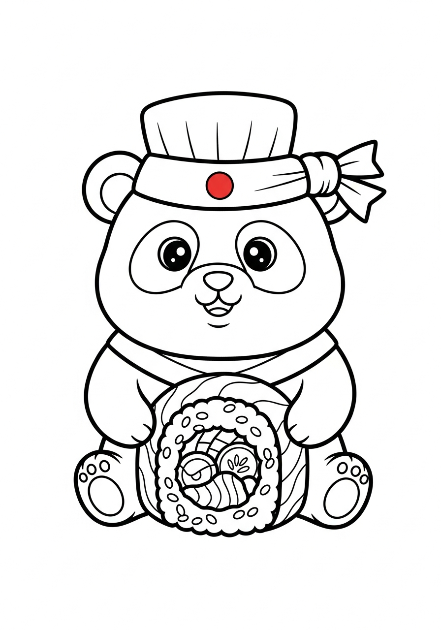 Cute panda bear sushi chef coloring page