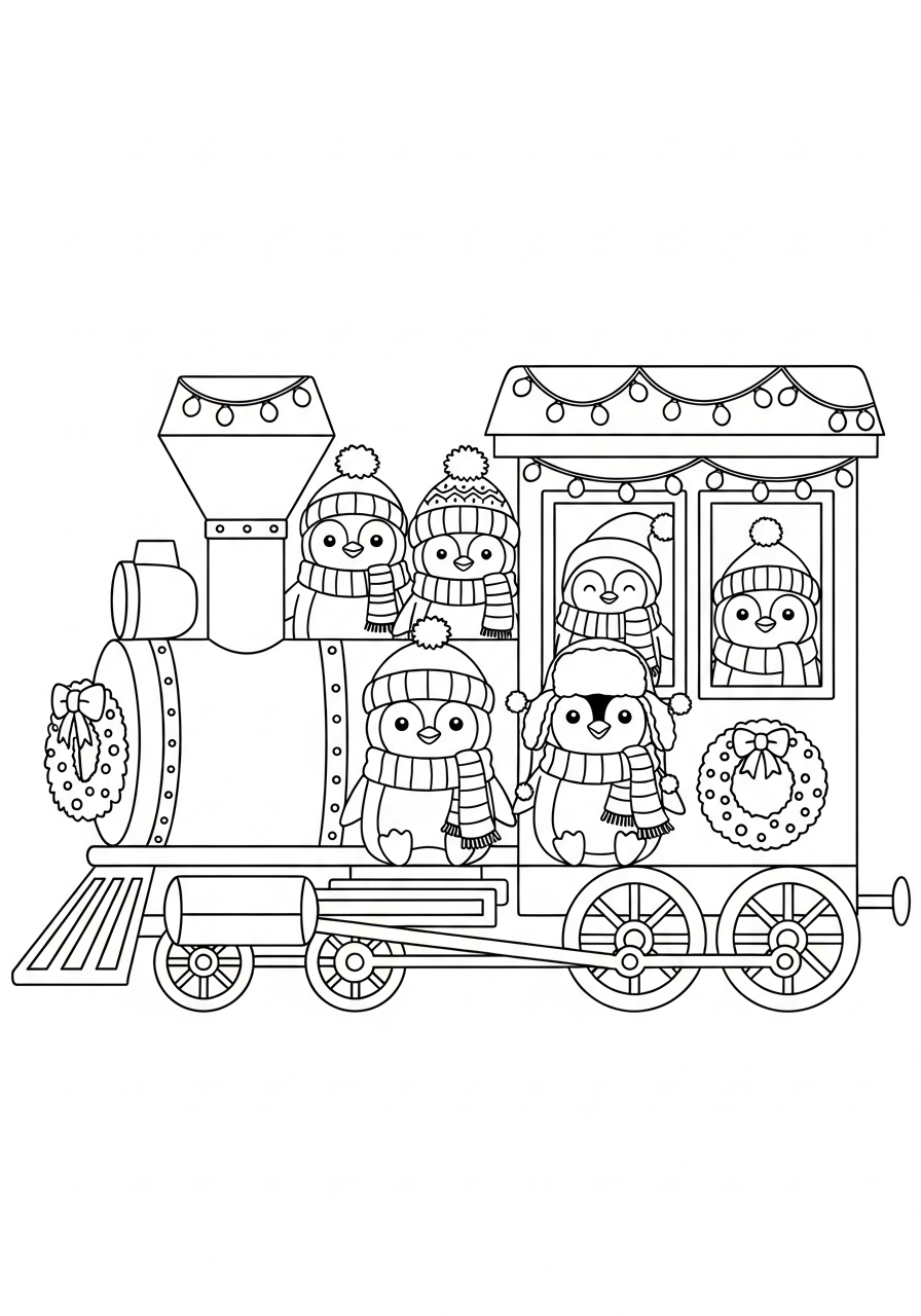 Christmas Train Coloring Pages 5 Cute penguins riding inside train coloring page