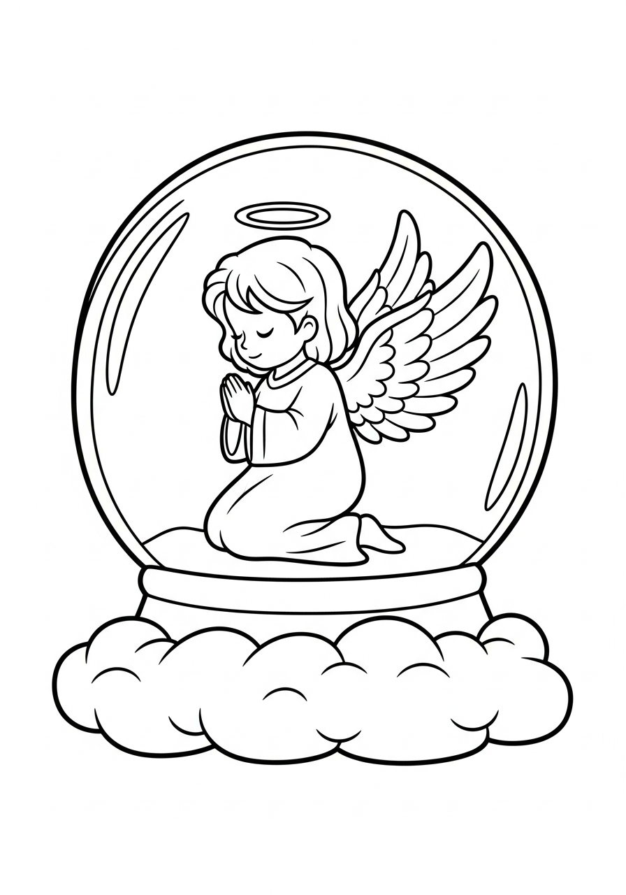 Cute praying angel snow globe coloring page