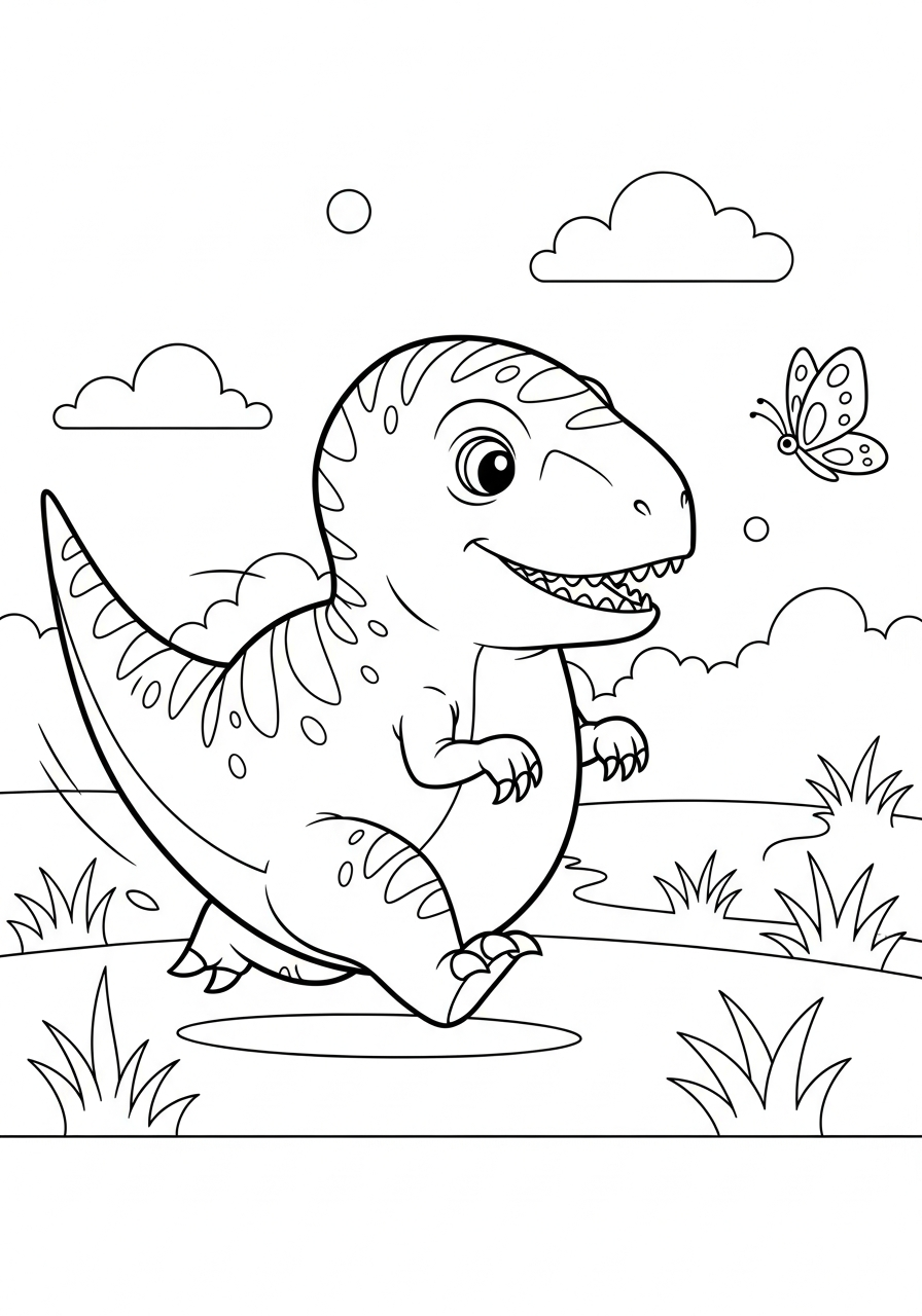 Velociraptor Coloring Pages 6 Cute round velociraptor chasing butterfly coloring page