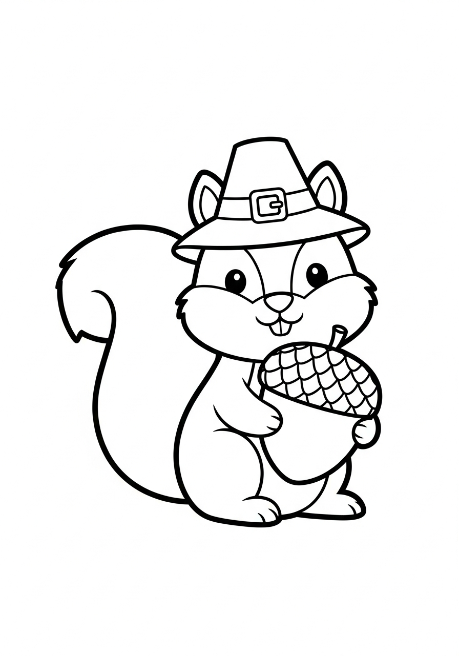 Thanksgiving Coloring Pages 7 Cute squirrel in pilgrim hat holding acorn coloring page