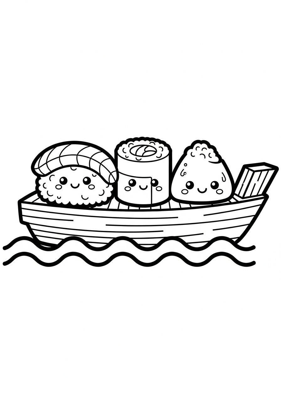 Cute sushi characters on boat coloring page
