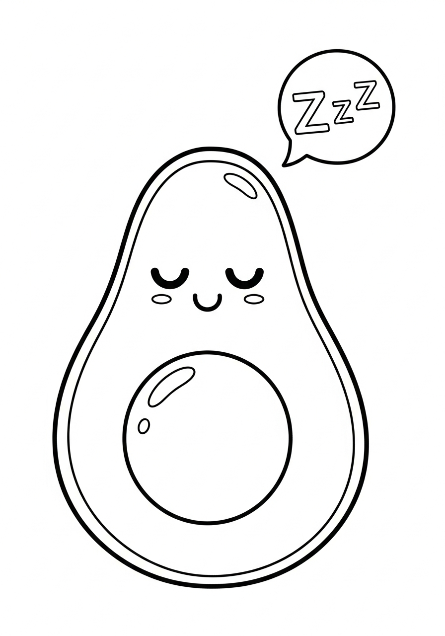 Cute whole avocado sleeping peacefully coloring page