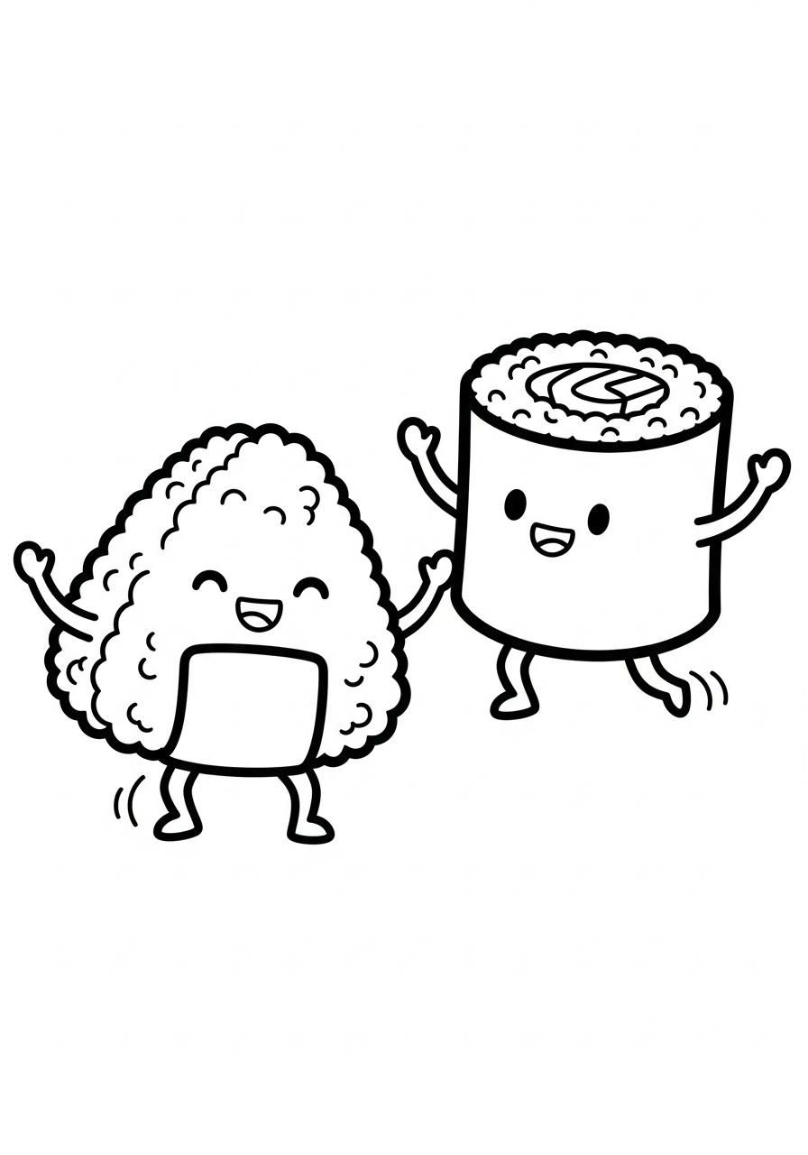 Dancing onigiri and maki friend coloring page
