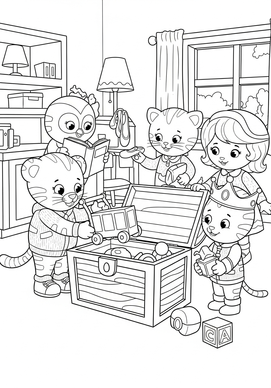 Daniel and friends cleaning up toys coloring page